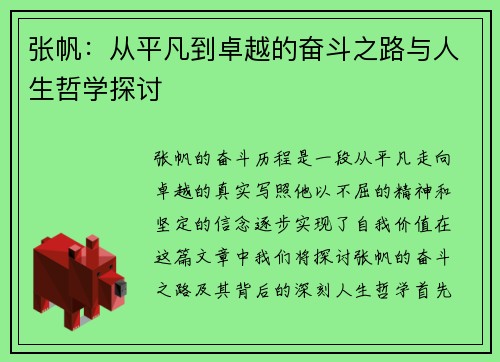 张帆：从平凡到卓越的奋斗之路与人生哲学探讨